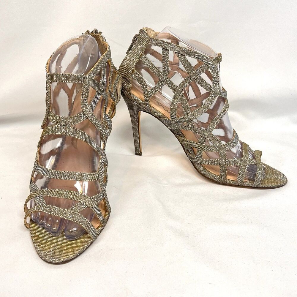 Nina Silver Glitter Strappy Stiletto Heels Women’s Size 7.5 Open Toe Sandals